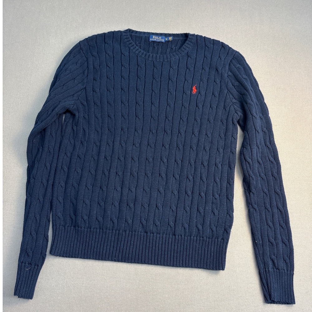 Polo Ralph Lauren Womens Navy Blue Cable Knit Crewneck Sweater XL Red Pony